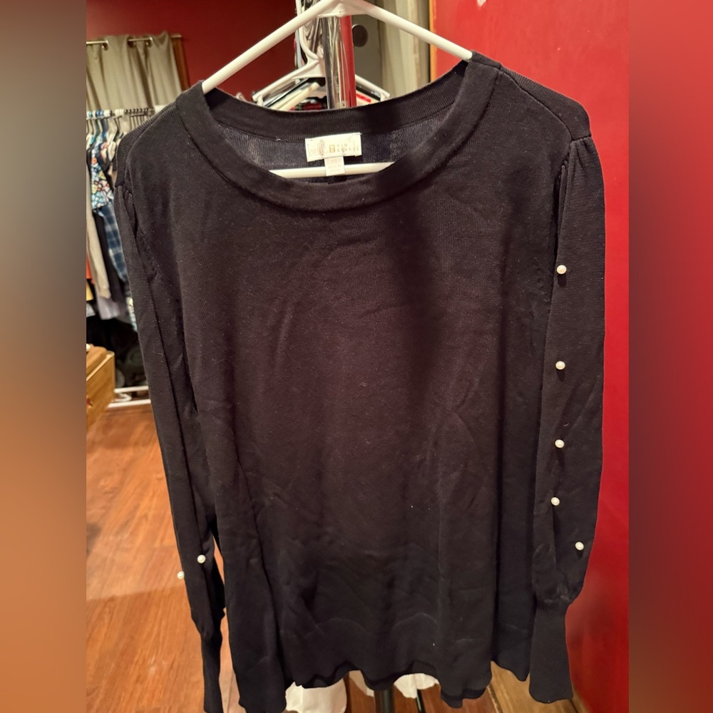 Belle by Kim Gravel Navy Long Sleeve Top with Pearl Accents